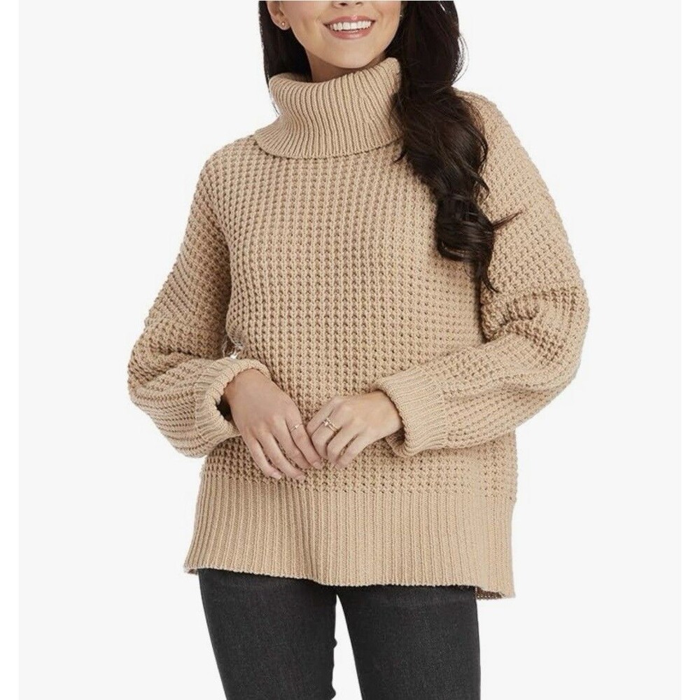 MudPie Randi Waffle Knit Sweater Tan Cowl Neck Chunky Wool Blend
